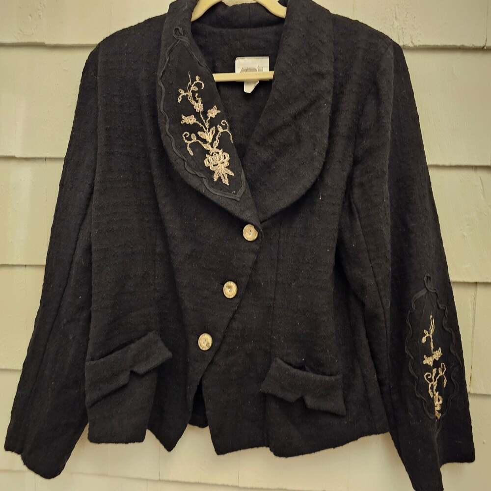 Vintage ZOE California Embroidered Wool Blend Jacket Black Women's L USA
